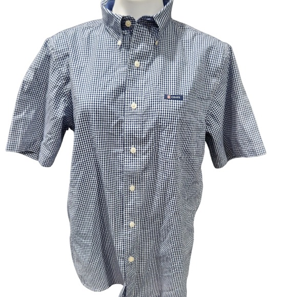 Chaps Men gingham checked blue & white short sleeve button down Size M Easy Care - Picture 1 of 4